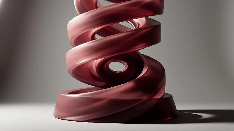 A glossy red spiral sculpture rests on a gray surface with soft lighting highlighting its smooth metallic curves.