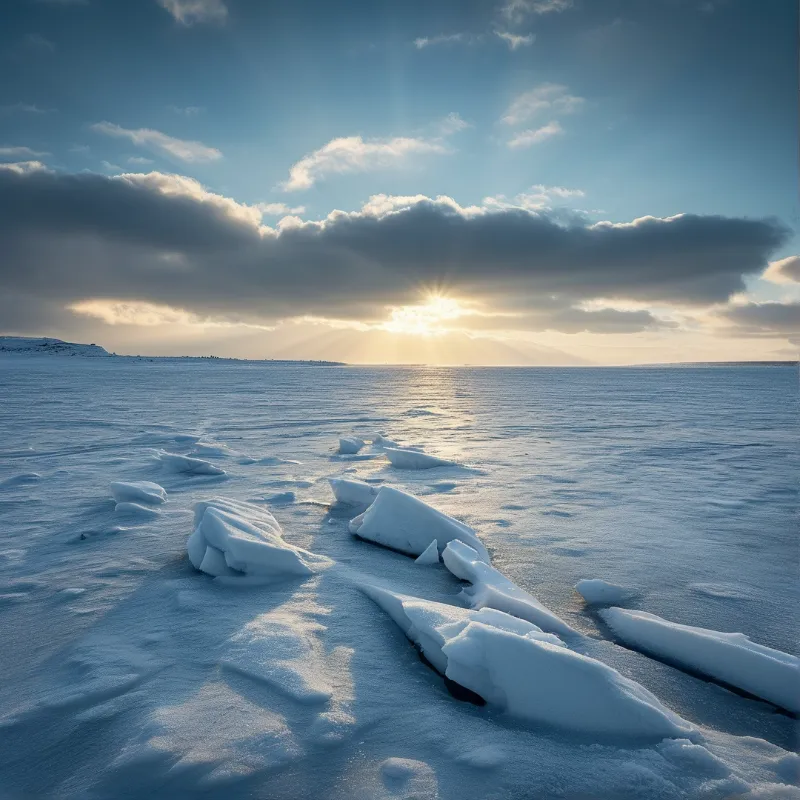 Sunbeams break through thick cloud layers over a wide icebound lake dotted with snow capped drifting ice chunks.