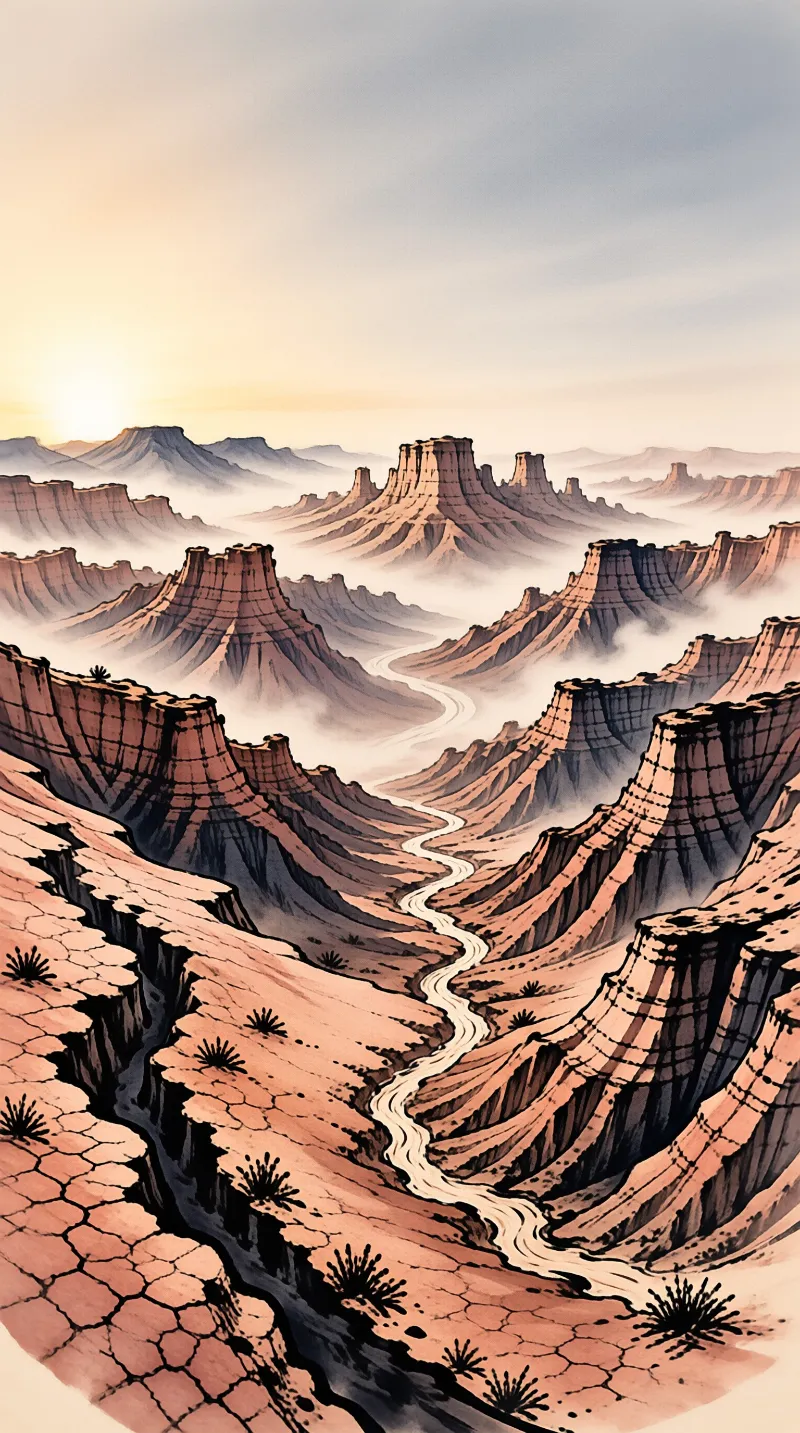 Layered sandstone mesas and a pale river curve through hazy desert canyons under a warm sunset glow.