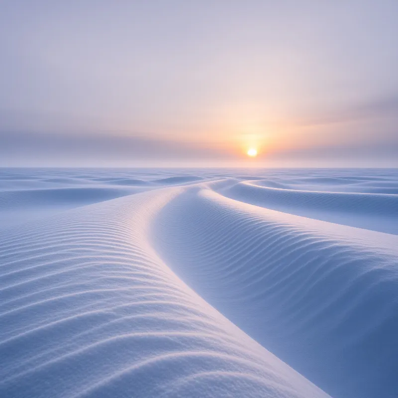 Wind combed ridges lead across an endless snowfield toward a hazy orange sun on a lavender horizon.