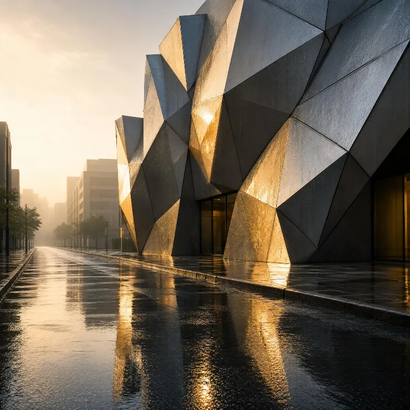 A modern concrete building with jagged angular panels stands beside a wet city street, illuminated by warm golden sunlight that reflects off the pavement.