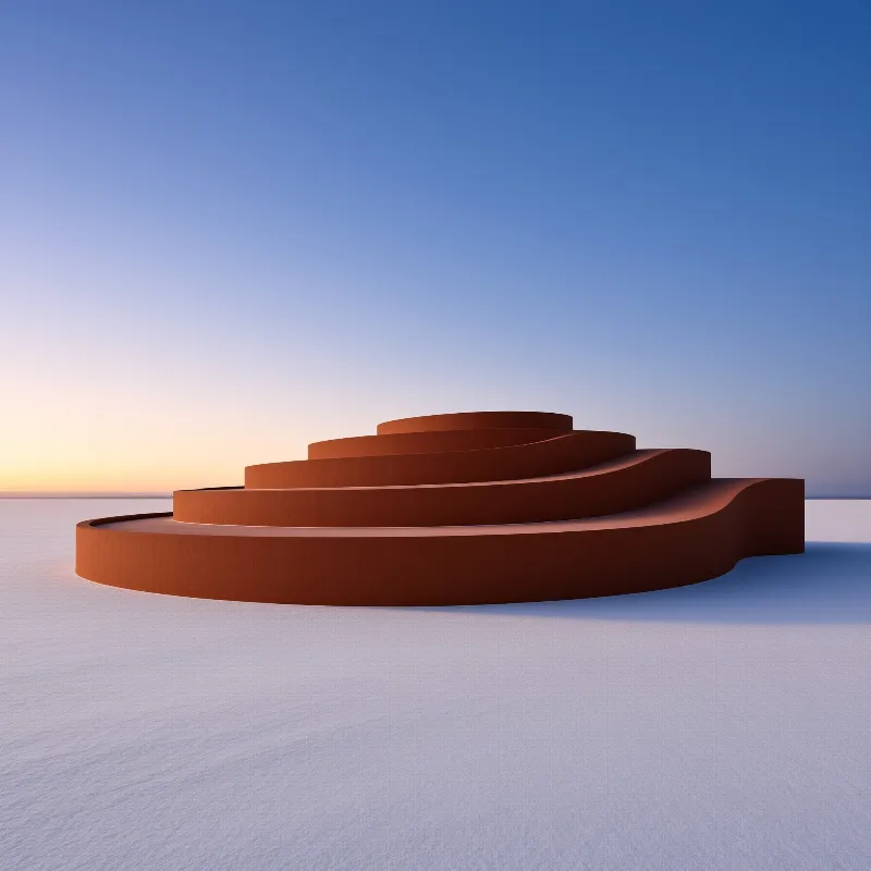 A minimalist rust-colored terraced structure rises from a flat white expanse under a gradient blue sky with warm sunlight.