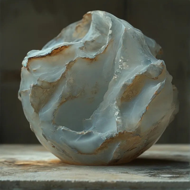 A large semi-transparent stone with blue and brown layers sits on a textured table under soft light.