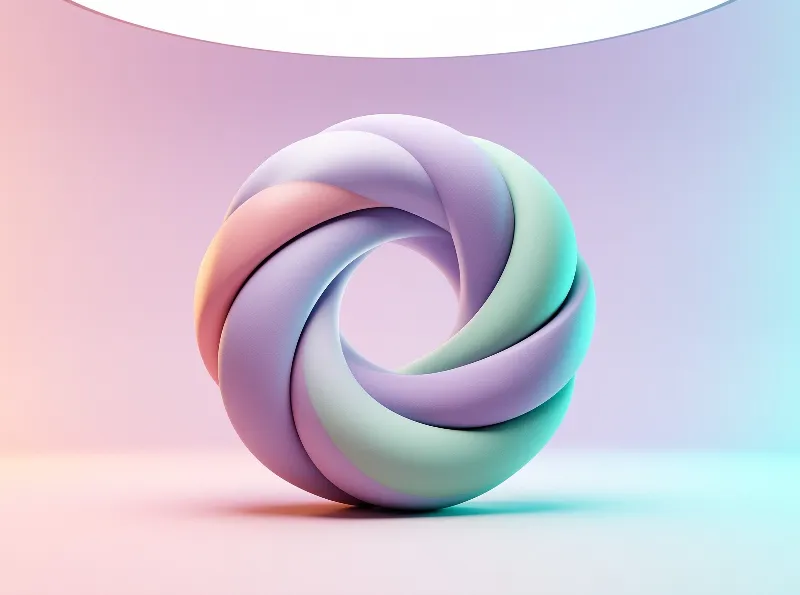A matte twisted torus sculpture displays pastel pink and mint colors against a soft gradient backdrop.