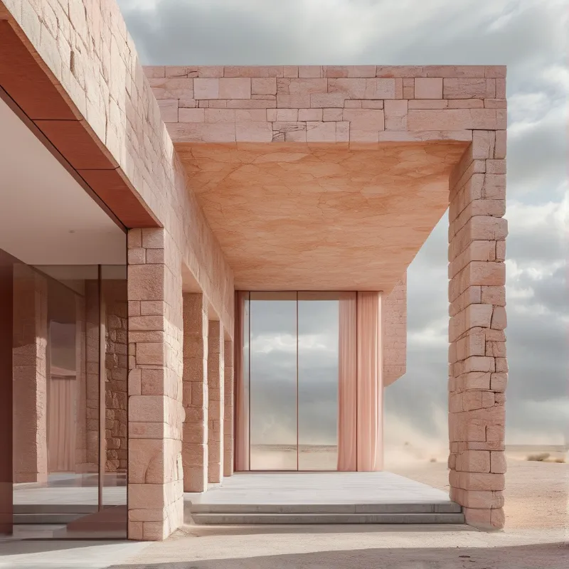 A pink masonry structure with large glass panels overlooks a sandy landscape beneath a cloudy grey sky.