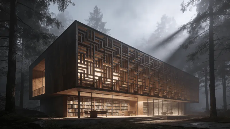 Library with Wooden Lattice — Misty Forest