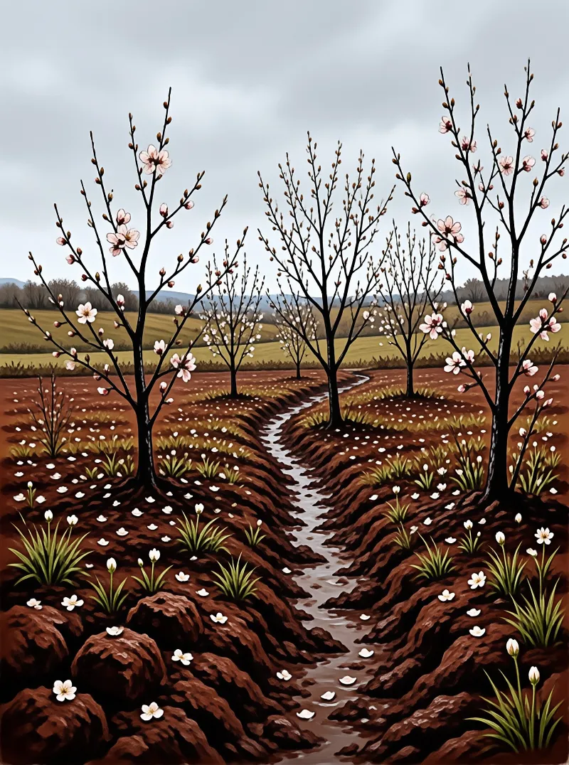 Spring orchard with bare branches and pink blossoms beside a narrow stream through dark tilled soil under overcast sky