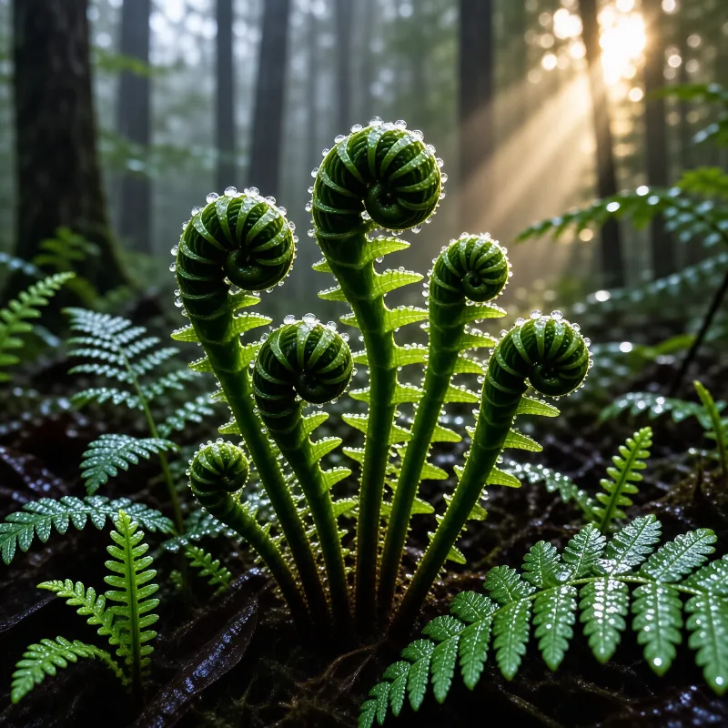 Dewy fern fiddleheads rise from dark forest soil as bright sunbeams filter through the trees behind them.