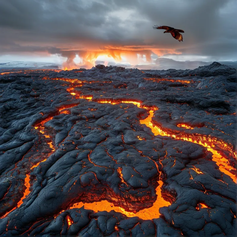 A dark bird with spread wings flies over a rugged volcanic field crisscrossed by bright orange molten lava under heavy clouds
