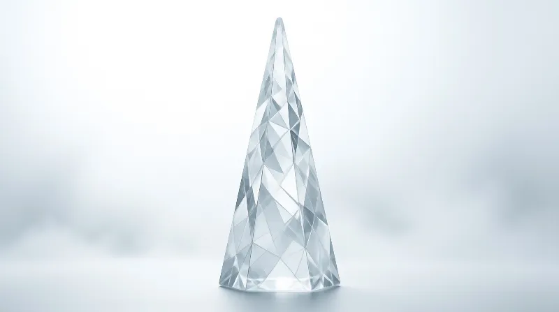 A tall faceted crystal cone stands centered against a plain white background illuminated by soft diffused lighting.