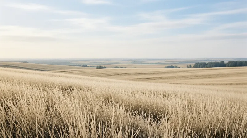 A vast field of ripe grain covers rolling hills under a bright sky with thin clouds and distant trees.