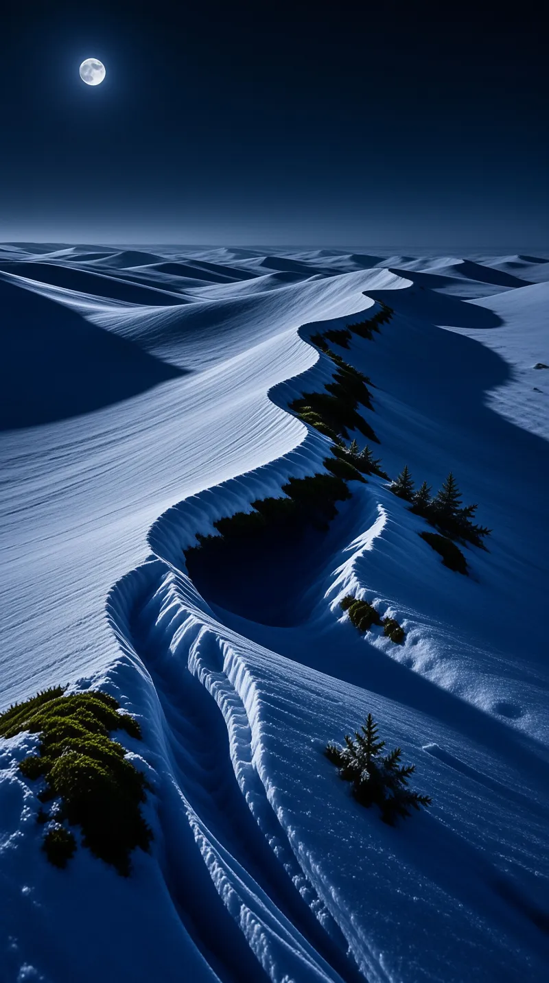 Vast snowy dunes curve across the landscape at night while a bright full moon illuminates the blue tones and shadows.