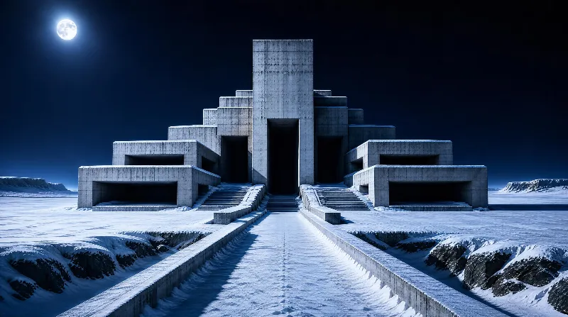 A large concrete pyramid-like structure stands in a snow-covered icy landscape under a bright full moon at night, with symmetric stairs leading to dark entrances