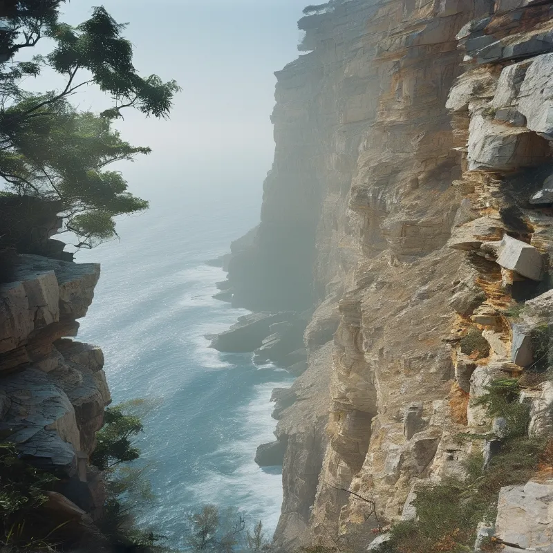 Steep rocky cliffs rise above choppy ocean water with green trees overhanging the left side of the frame.