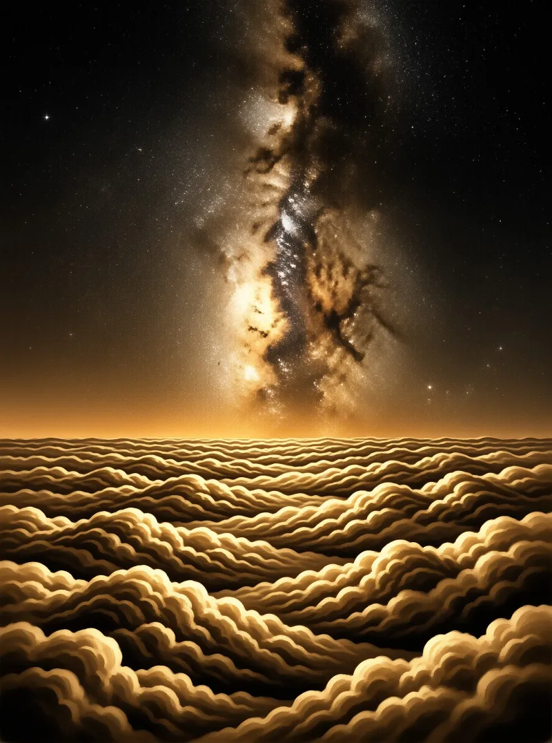 A luminous vertical strip of the Milky Way hangs above a vast expanse of undulating golden clouds at night.