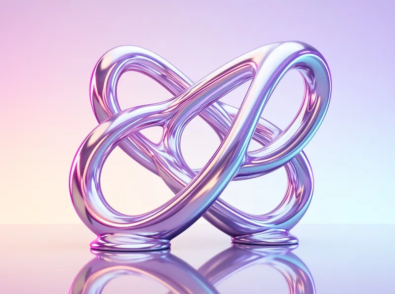 A shiny iridescent chrome infinity sculpture sits on a reflective surface against a soft pastel gradient background.