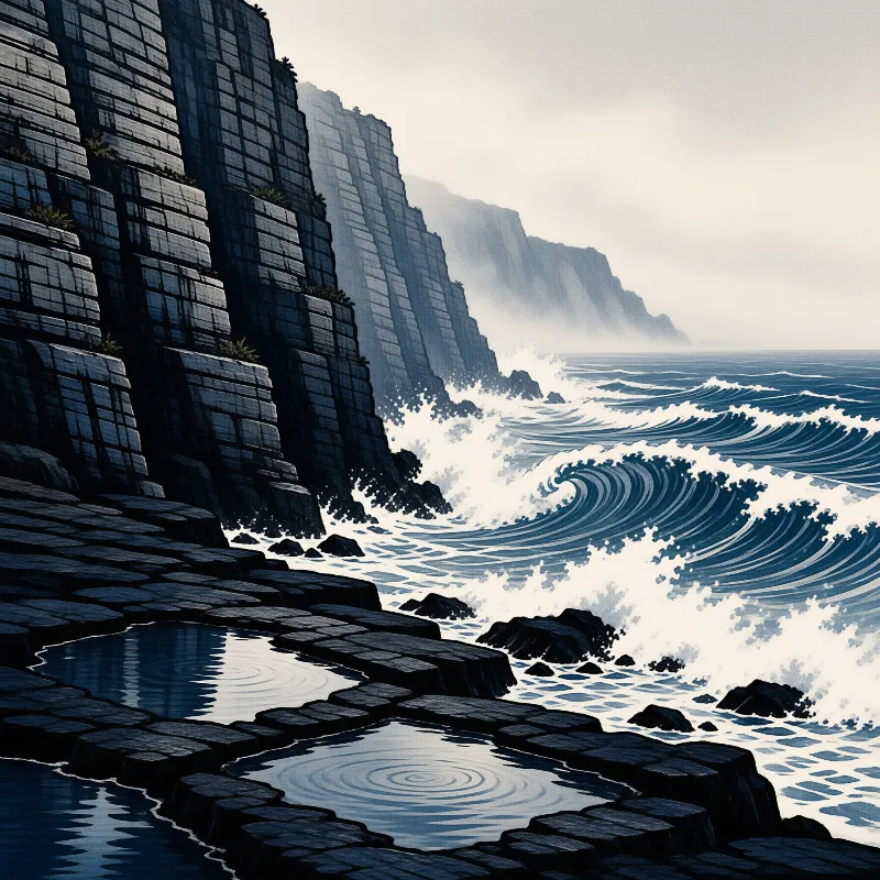 Dark layered cliffs rise beside crashing waves under a misty overcast sky with reflective puddles on the rocks.