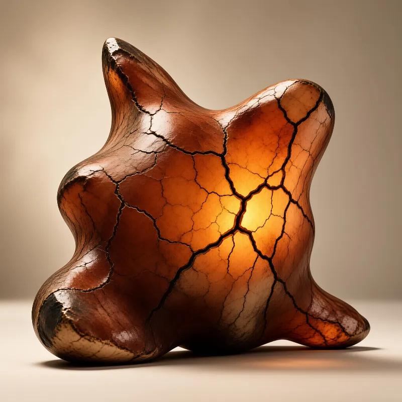 An abstract organic sculpture with a cracked copper surface glowing warmly against a soft neutral backdrop.