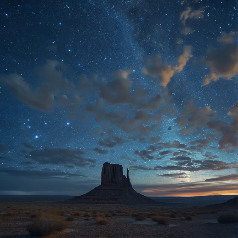 A flat topped butte stands in silhouette under a star filled night sky with a glowing horizon.