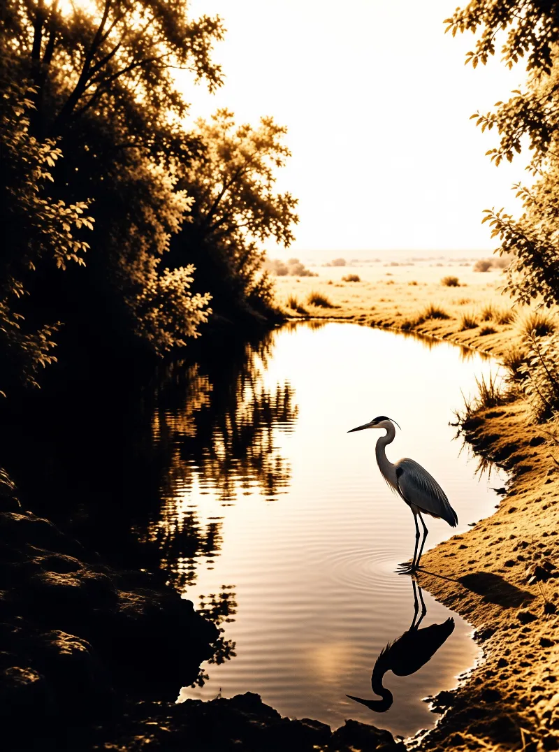 A grey heron stands on the sandy bank of a winding river while trees reflect in the water during sunset.