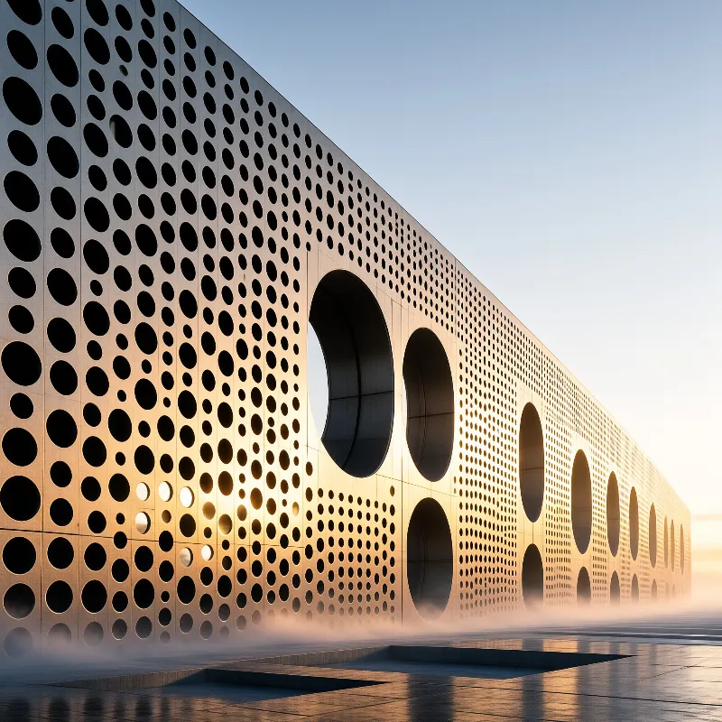 A metallic facade perforated with circles of varying sizes glows in warm sunlight above a reflective wet ground.