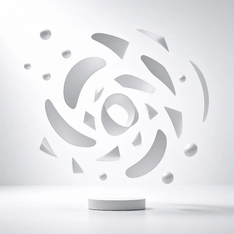 Abstract 3D rendering of white curved fragments and spheres spiraling above a cylindrical pedestal against a minimalist monochromatic background with soft diffuse lighting