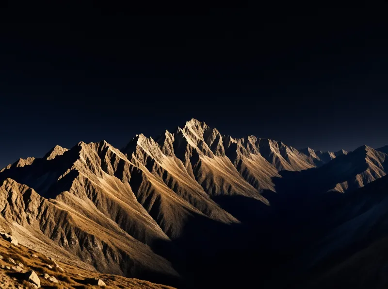Sunlit tan ridgelines and deep shadowed gullies of a bare alpine range stand out against a near-black sky.