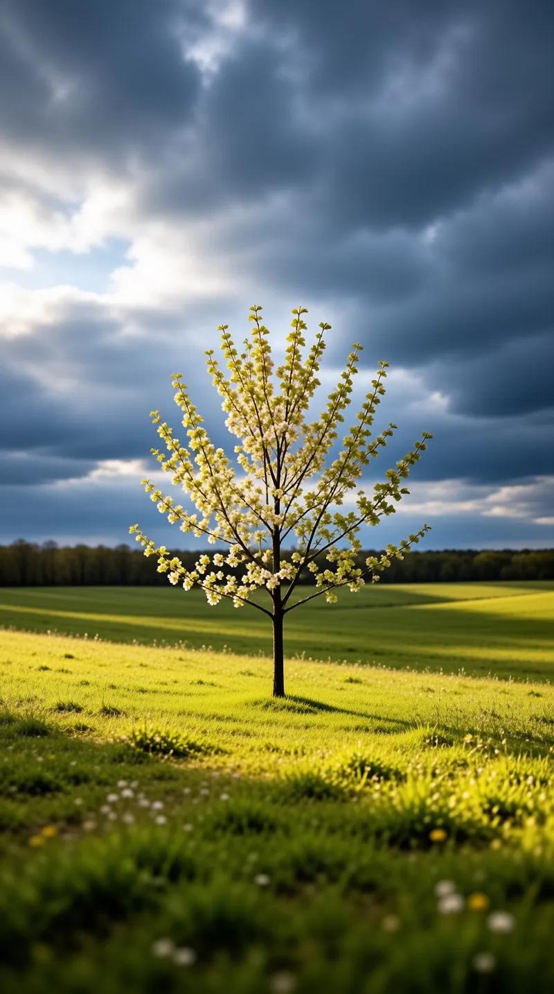 A single tree stands in a sunlit green meadow with dark storm clouds gathering in the sky.