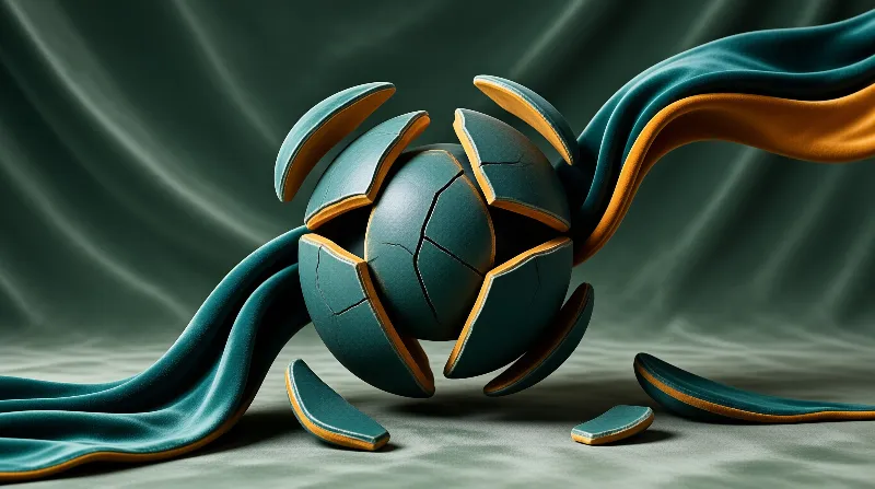 A broken teal sphere with gold trim rests among sweeping teal and orange ribbons.