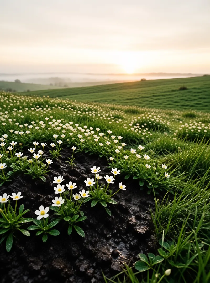 Small white wildflowers with yellow centers line a wet stone ridge, backed by misty green hills under a morning sky.
