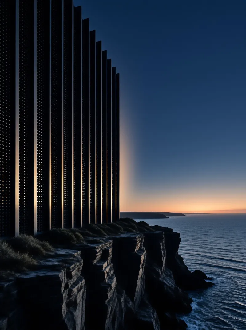 A row of dark vertical panels stands on a grassy cliff edge overlooking a calm sea during a vibrant sunset.