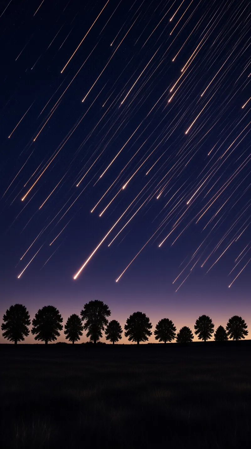 Bright streaks of light cut diagonally across a deep blue twilight sky above a row of dark trees on an open field.