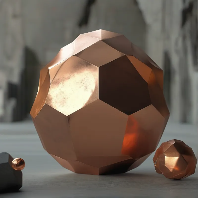 A large metallic geometric shape sits on a flat surface with smaller spheres nearby under soft illumination.