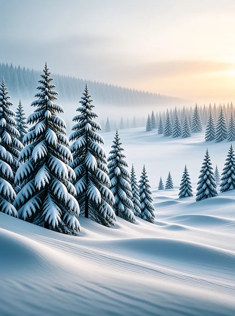 Snow-laden pine trees stand on rolling white hills illuminated by the warm glow of a rising sun.