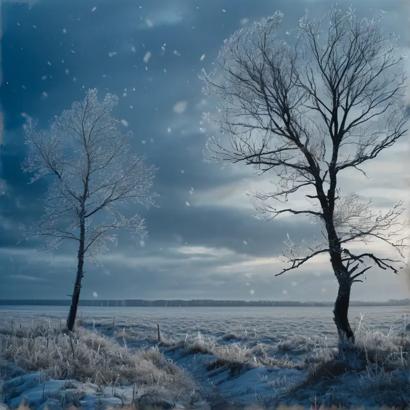 Two bare trees stand in a frozen field under an overcast sky with visible falling snow.
