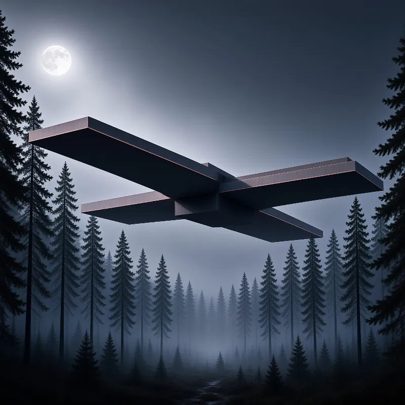A massive dark geometric structure floats above a foggy pine forest illuminated by a bright full moon.