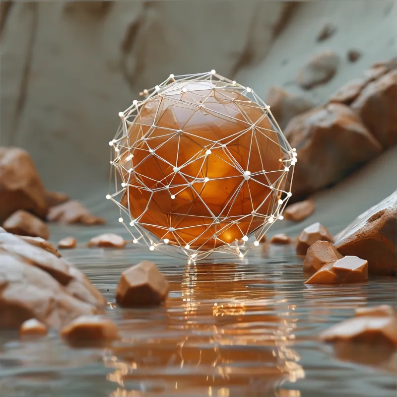 A glowing amber sphere inside a white wireframe rests in shallow water surrounded by brown rocks.