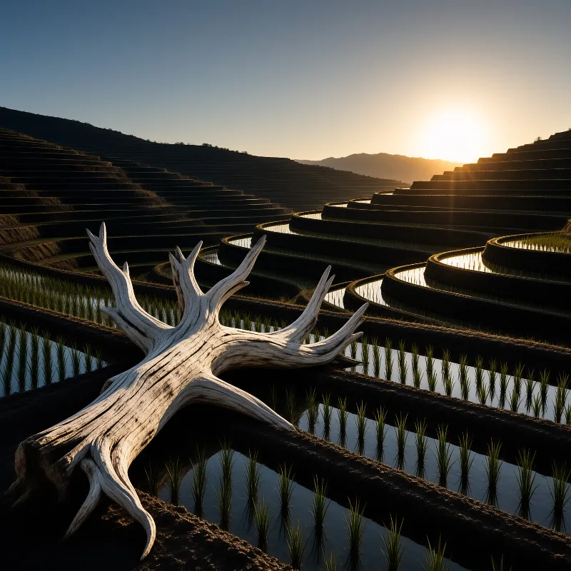 A pale tree root lies across a dark earthen wall while curved layers of flooded rice paddies stretch towards a bright sun.
