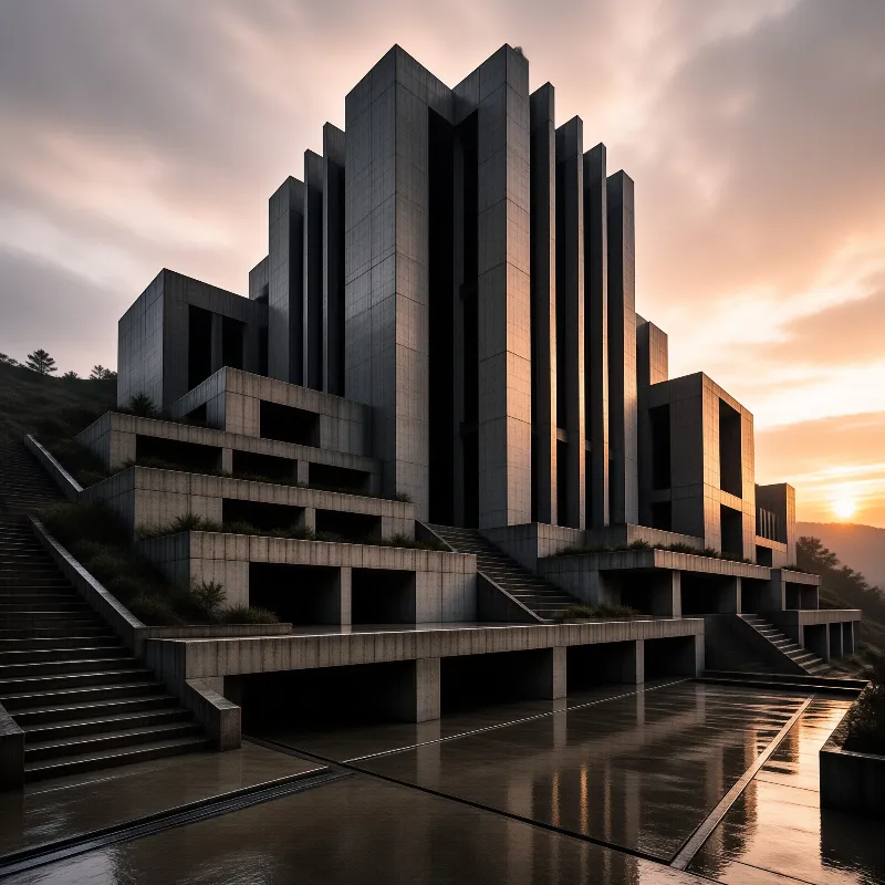 A massive brutalist concrete structure dominates the hillside with its vertical forms and dark recesses while warm sunset light illuminates the right side and reflects off the wet pavement below.