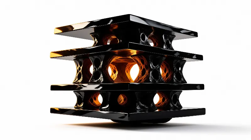 A layered black structure displays a warm orange glow within its open geometric framework.