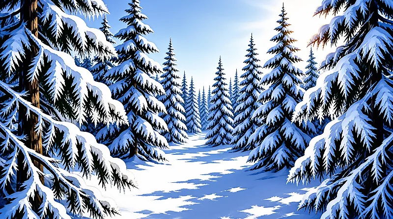 A winding snowy trail leads through tall evergreens with deep blue shadows cast across the white ground.