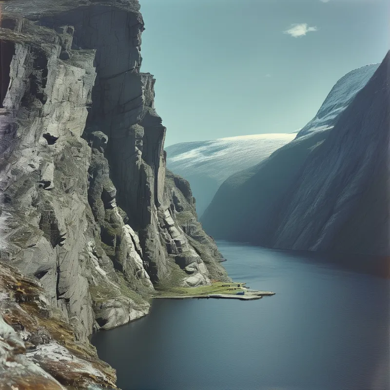 Steep grey cliffs flank a calm blue fjord, with a small building group on a grassy shore below, and snow covered slopes behind.