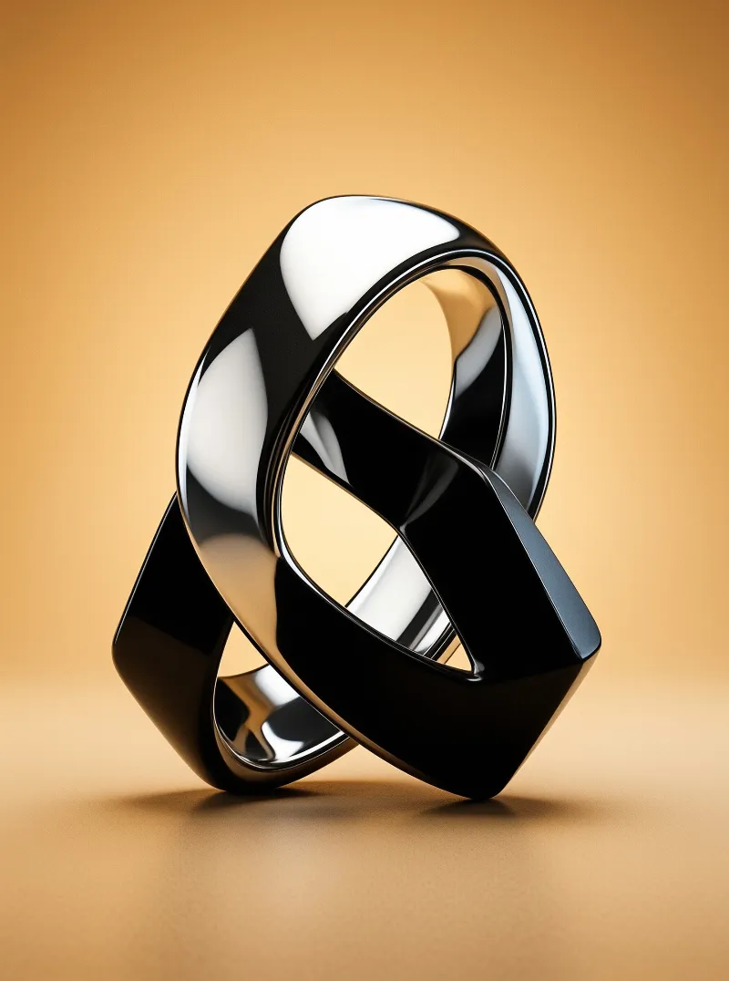 Two glossy black bands intertwine on a warm amber surface showing strong light reflections.