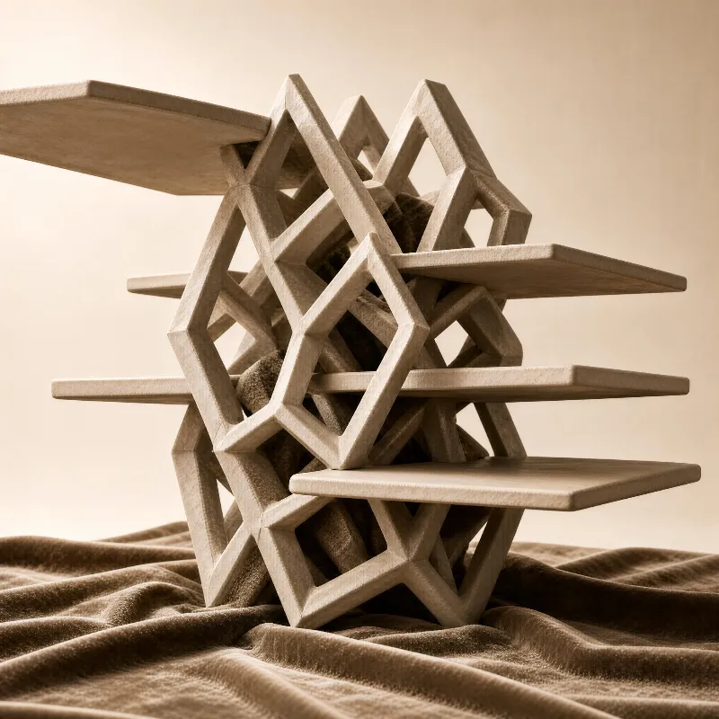 A geometric sculptural form with interlocking shapes rests on a soft, velvety surface under warm, neutral lighting.