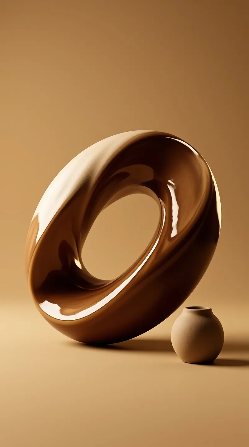 A large shiny brown ring stands next to a tiny dull pot on a plain tan surface with soft lighting casting shadows.