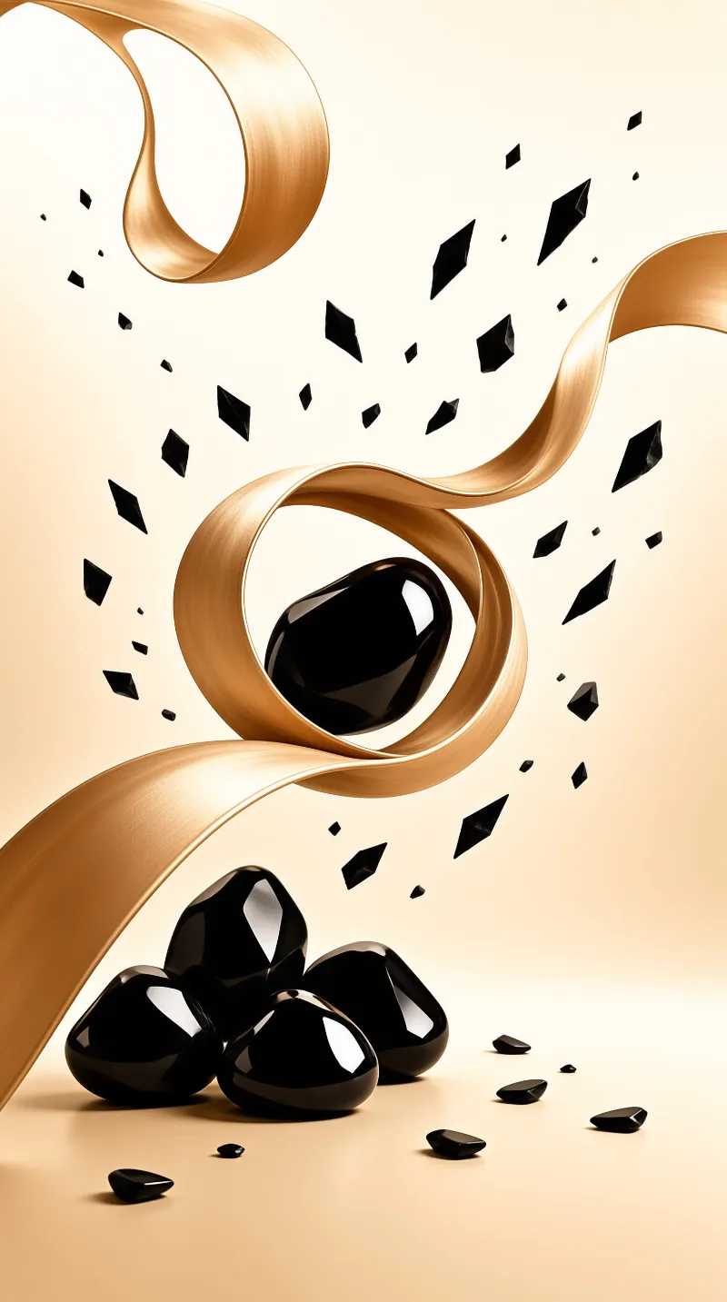 Metallic gold ribbons twist around glossy black stones floating within a neutral beige environment.