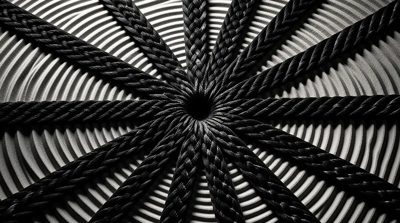 Thick black braided cords fan outward from a central hole across pale ridged rings in high contrast monochrome.