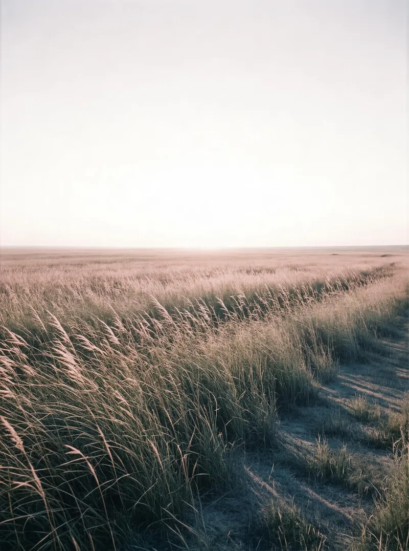 An expansive field of tall grasses stretches to the horizon under a pale sky, with a winding path cutting through and sunlight casting soft glows on the blades.