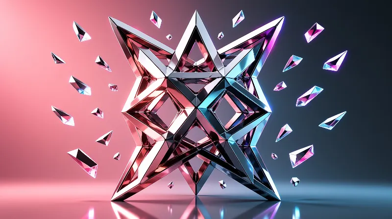 A reflective geometric star floats amidst floating shards within a pink and blue gradient void.