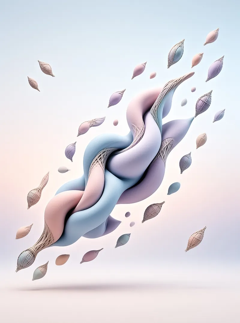 A surreal 3D illustration shows a smooth ribbon structure with woven textures surrounded by floating seeds on a gradient background.